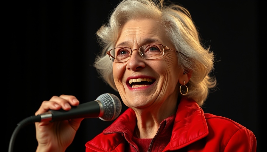 Smiling elderly woman discussing health and wellness in a studio.