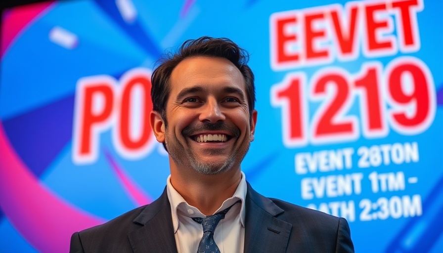 Mature man promoting healthy aging event with vibrant text backdrop.