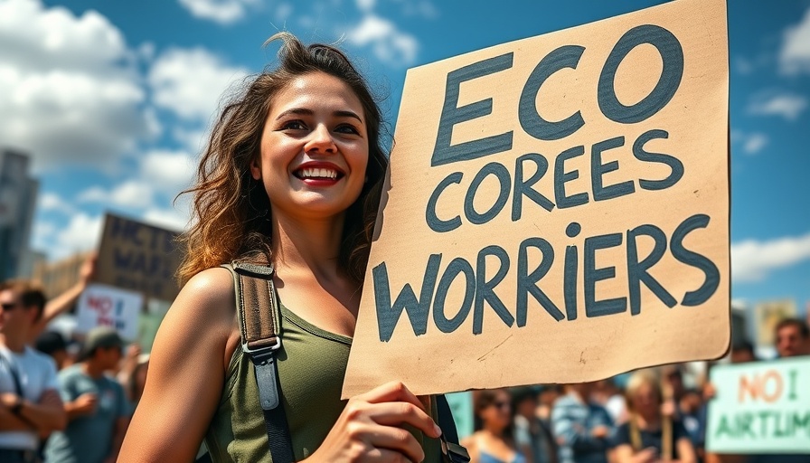 Protester holds climate change sign during sunny outdoor rally.