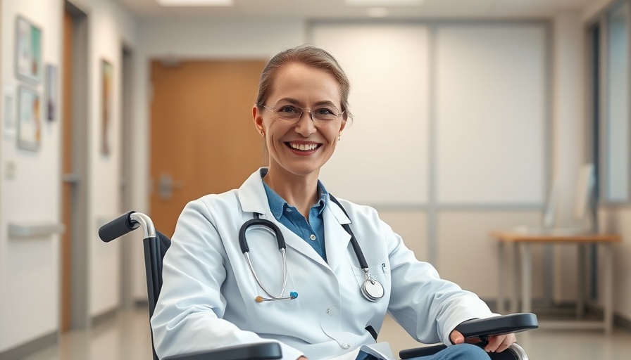 Smiling woman in wheelchair in hospital office, importance of seeing disabled people on screen.