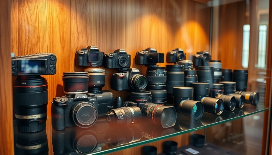 Collection of camera gear on glass shelf in Dallas store
