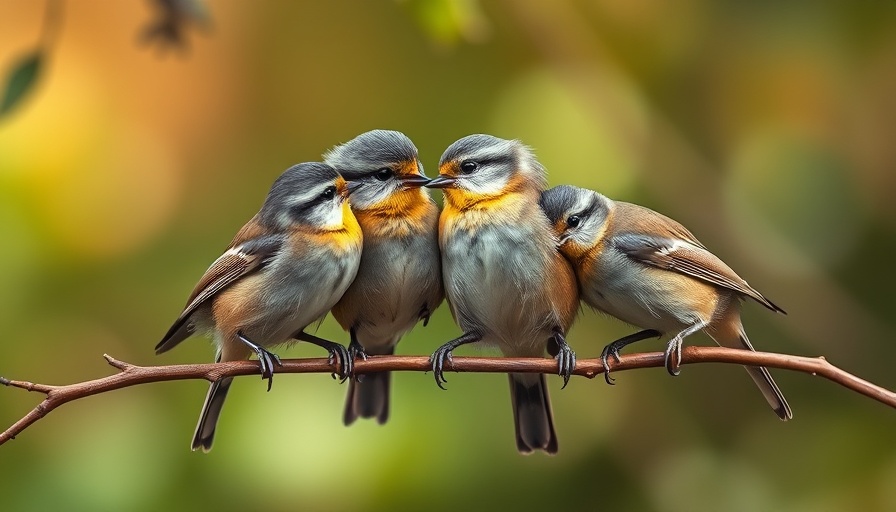 Long-tailed tits displaying family bonds in a forest.