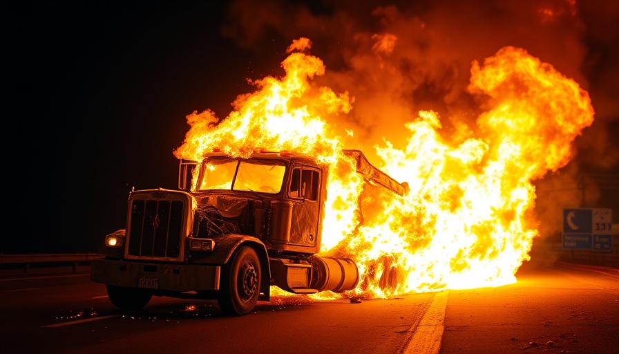 San Antonio trucking accident scene with flaming wreckage.
