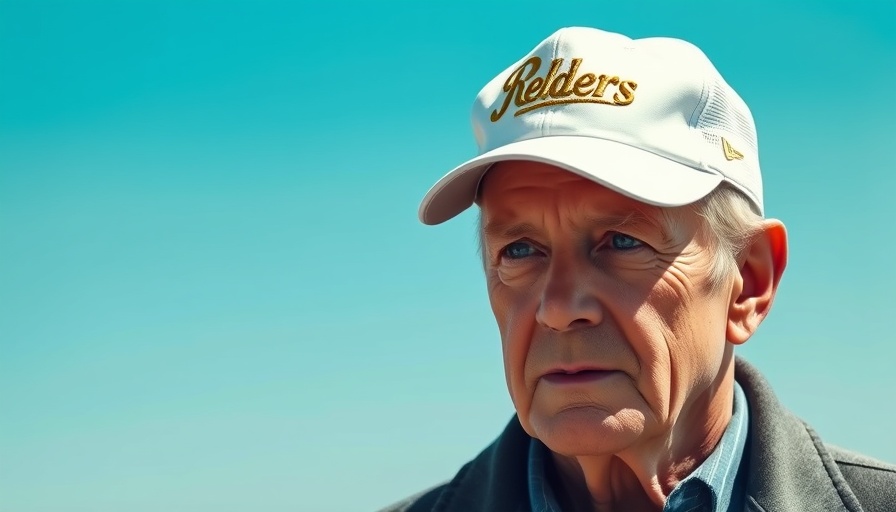 Older man wearing a white cap with gold lettering outdoors.