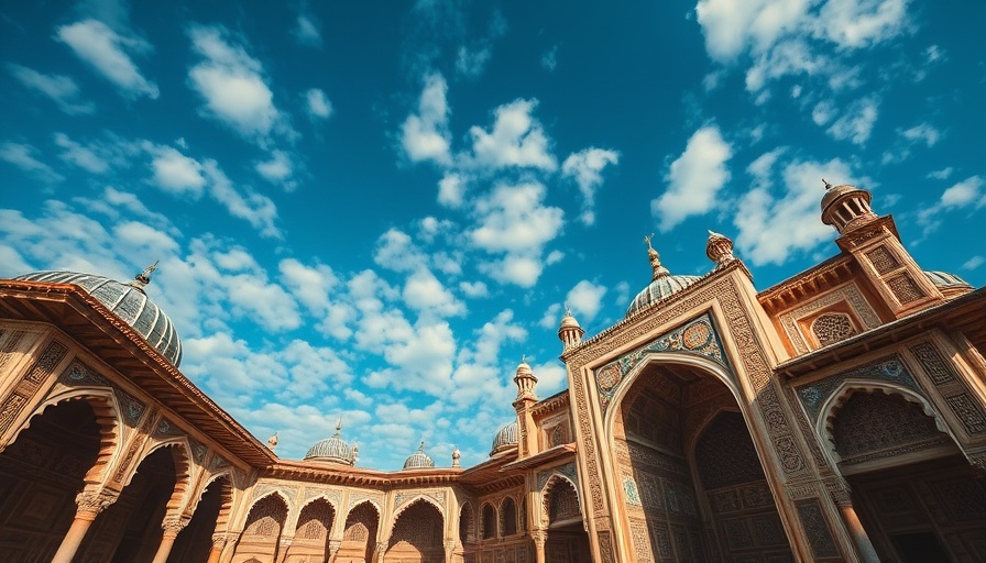 Cinematic photo of Persian-inspired architecture under a blue sky.