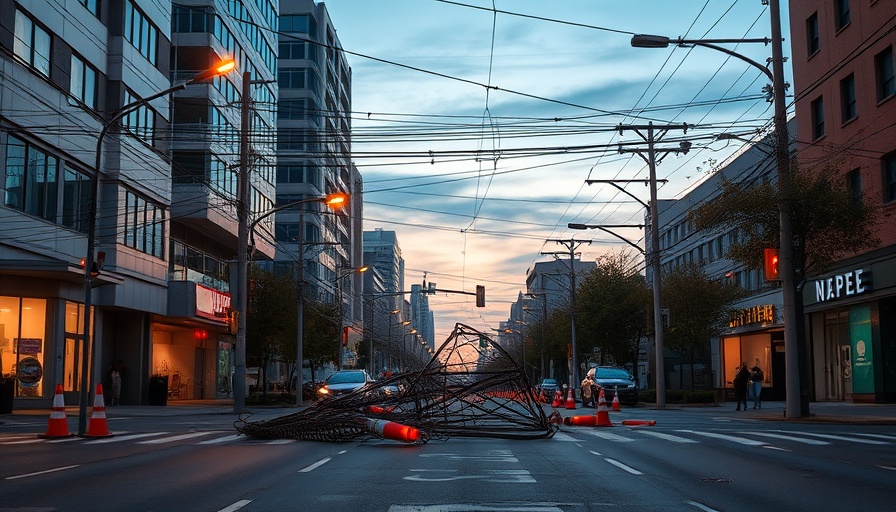 Urban street with fallen power lines, CenterPoint energy monitoring tool
