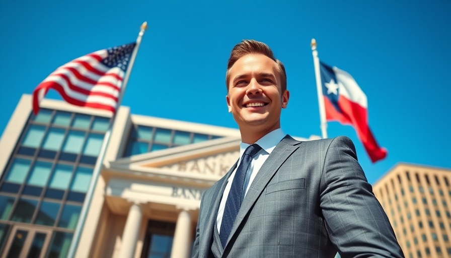 Houston business professional standing outside bank, flags in background.