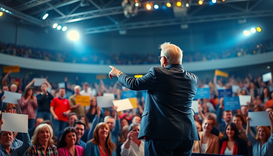 Enthusiastic political rally in a stadium setting.