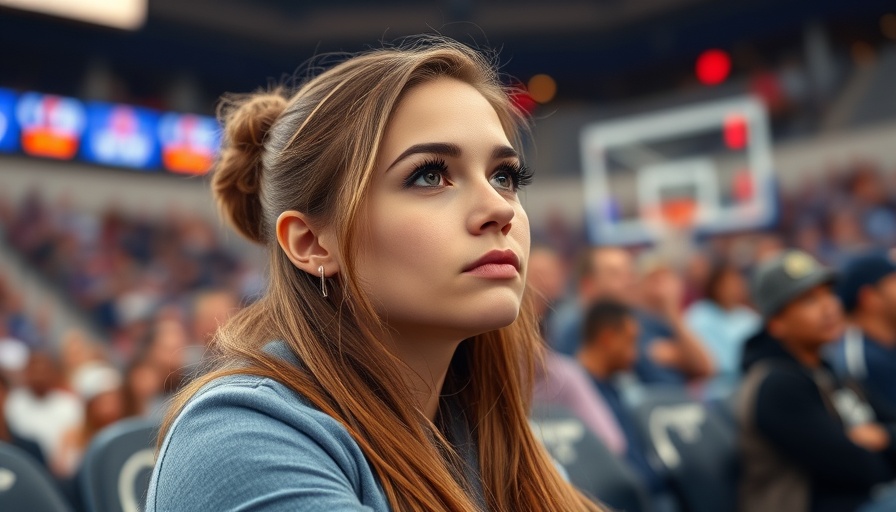 Caitlin Clark attending basketball game, thoughtful expression.