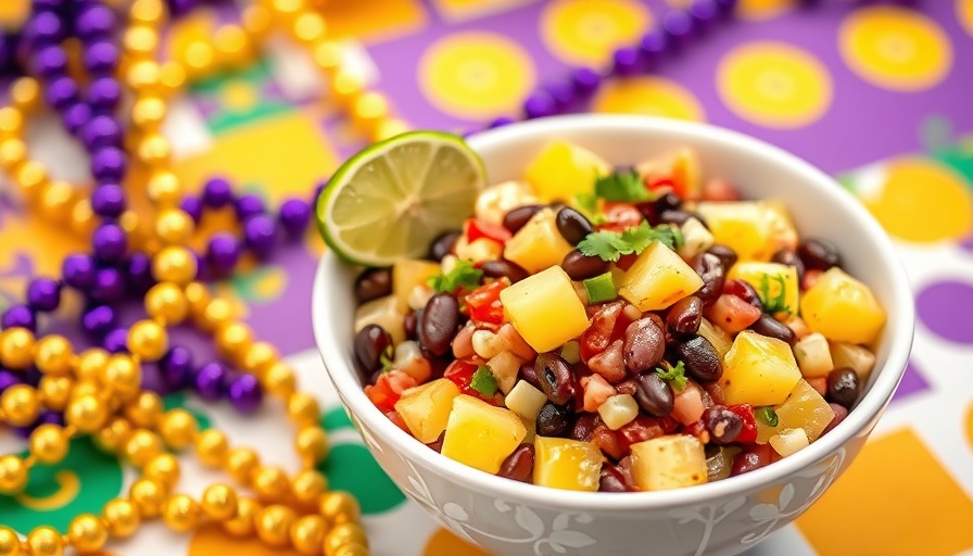 High-fiber snacks: colorful bean and pineapple salad with festive backdrop.