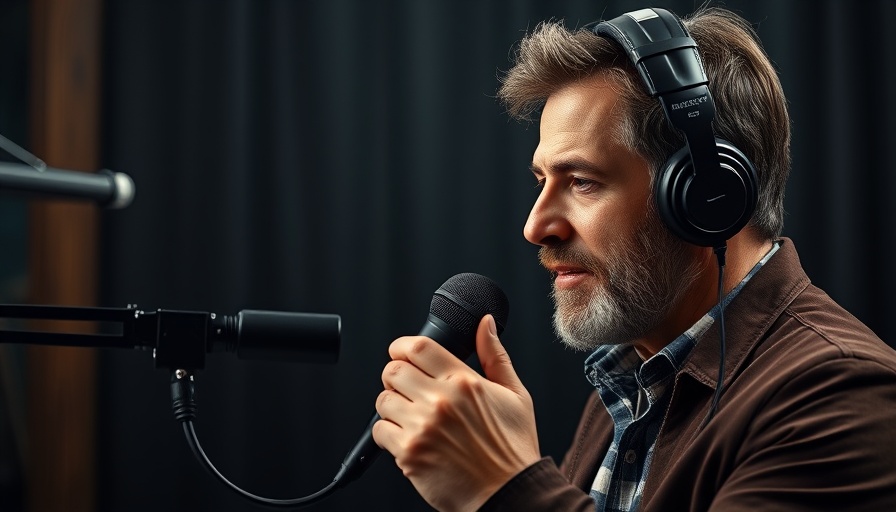 Mature man podcasting, discussing topics, podcast studio setting.