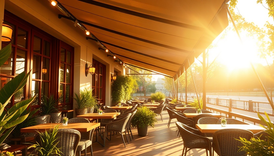 Sunlit patio in a modern Dallas restaurant, April 2025.
