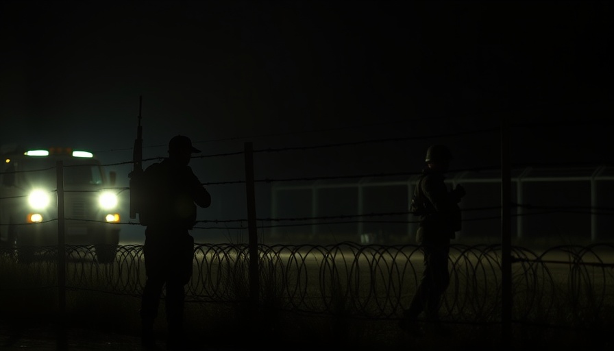 Military personnel near vehicle behind barbed wire at New Mexico border