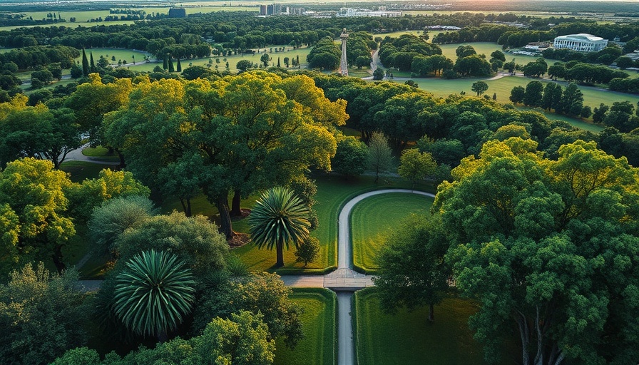 Aerial view of green park with Houston skyline at golden hour.