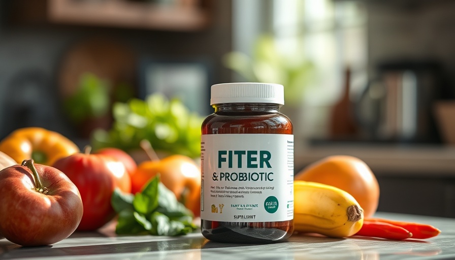 Fiber and probiotic supplement for gut health support in kitchen setting.