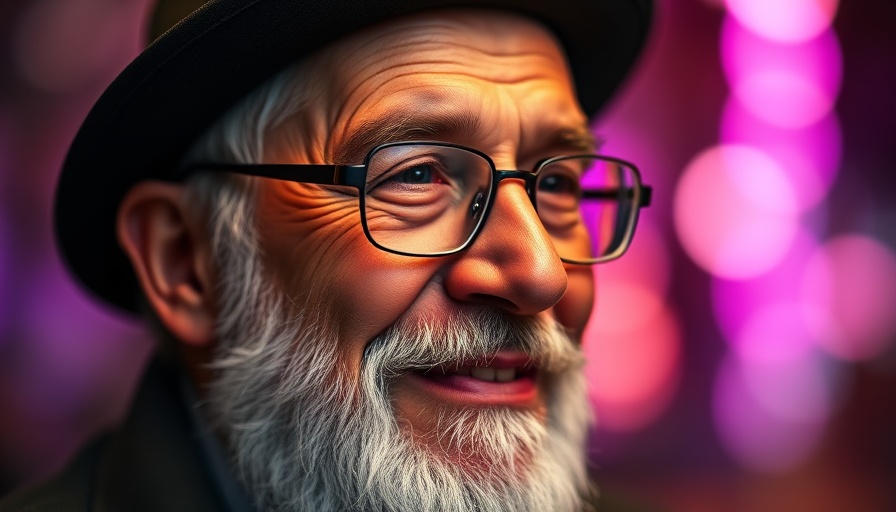 Elderly man with glasses and beard smiling, symbolizing music journey.