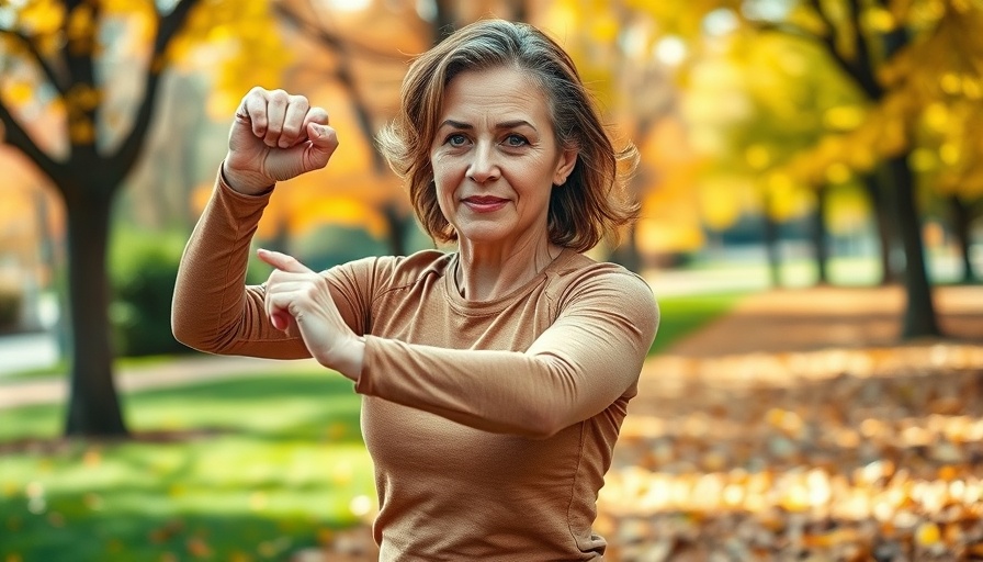 Confident middle-aged woman exercising in autumn park, menopause weight loss workout.