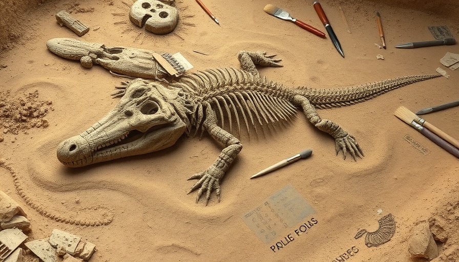 Fossil of a giant croclike carnivore at an excavation site.