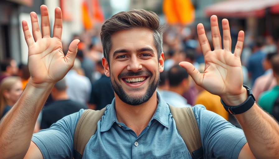 Breaking US News: Man smiling and raising victory sign outdoors.