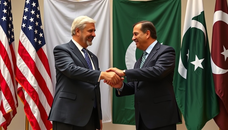 Diplomats symbolizing U.S.-Pakistan relations shaking hands.