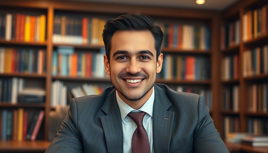 Smiling man in suit in office with bookshelves.