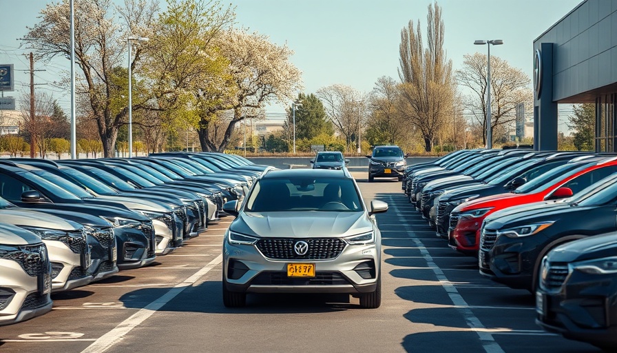 U.S. vehicle sales surge illustrated with cars at a dealership.