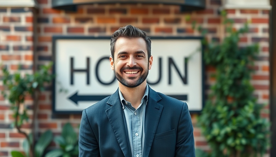 Houston business setting with a businessman in front of a building.