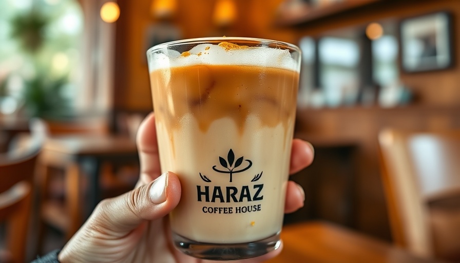 Hands holding layered Yemeni coffee at cafe in Austin.
