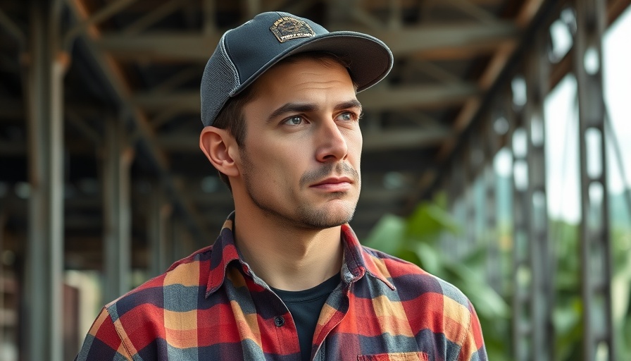 Casual man in plaid shirt near industrial structure, thoughtful.