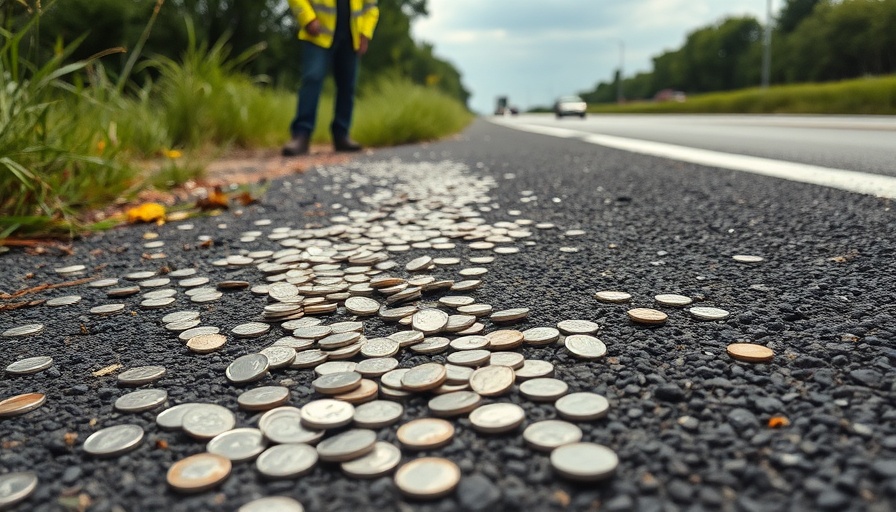 Workers cleaning dimes from Texas highway after truck spill.