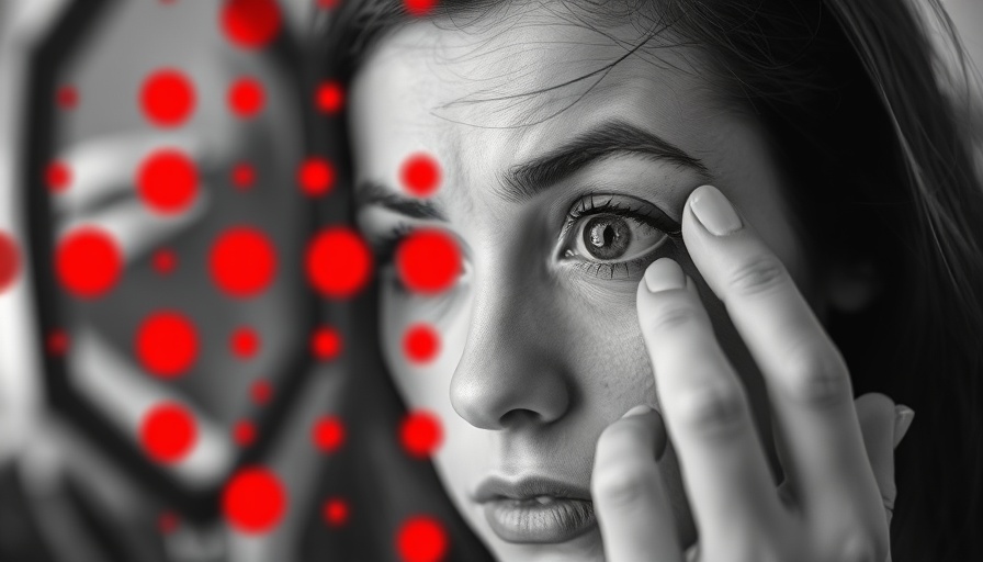 Focused woman examining eye for lost contact lens against red background.