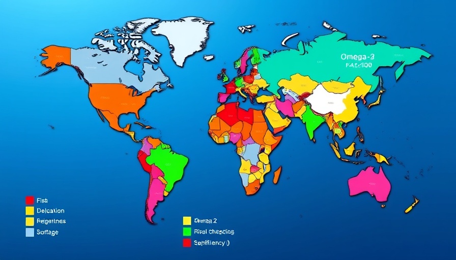 World map depicting global omega-3 shortages and abundances.