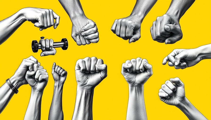 Hands demonstrating grip strength against yellow background.