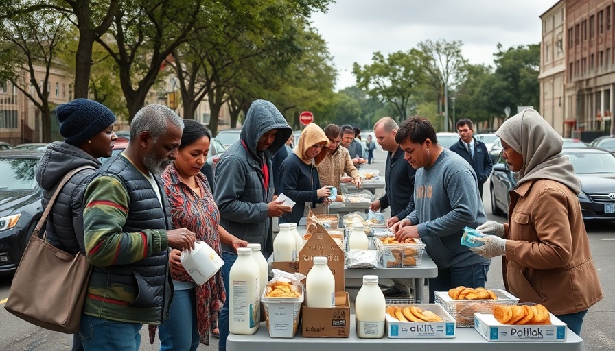 Community members gather food at a food bank amid funding cuts.