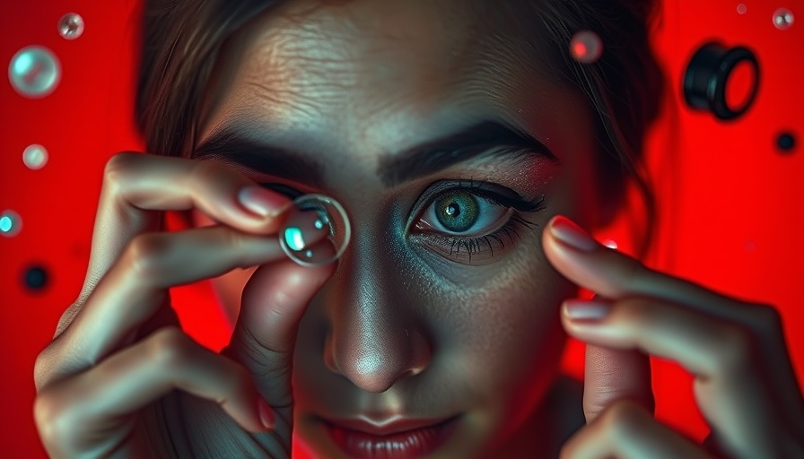 Woman searching for lost contact lens in her eye, surreal red design.