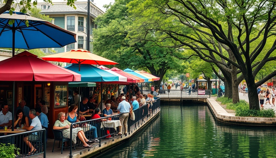 San Antonio Riverwalk with colorful umbrellas and lively crowd.