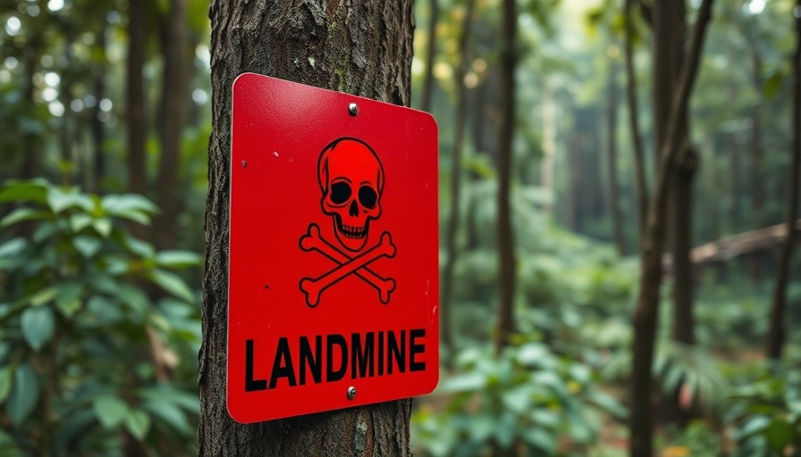 Landmines in Cambodia danger sign with skull and crossbones in forest.