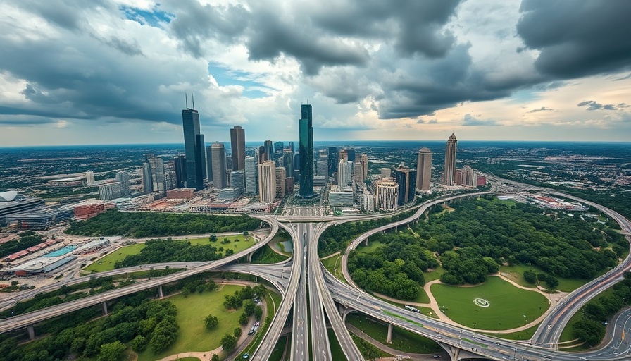 Aerial view of Houston skyline with skyscrapers and parks.