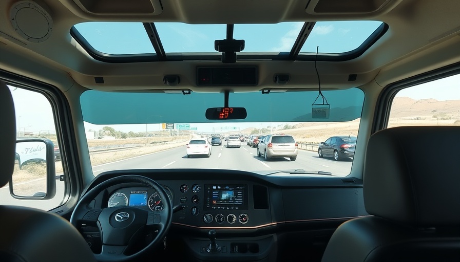 Driverless semi-truck cockpit on Texas highway.