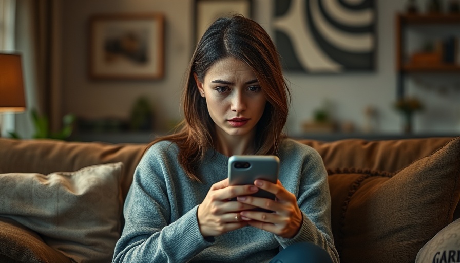 Concerned young woman with phone in a living room, related to domestic violence case Texas.