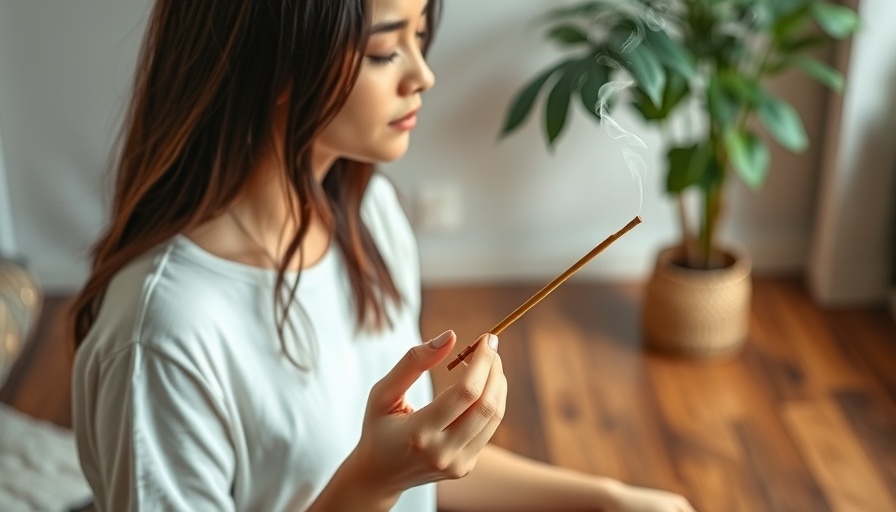 Eight senses health and wellness, woman with incense in peaceful setting.