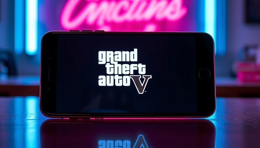 Grand Theft Auto VI logo on smartphone with neon background.