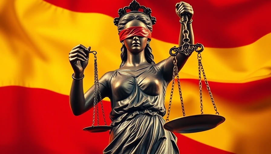 Lady Justice with scales and gavel in red and yellow tone, symbolizing legal tension.