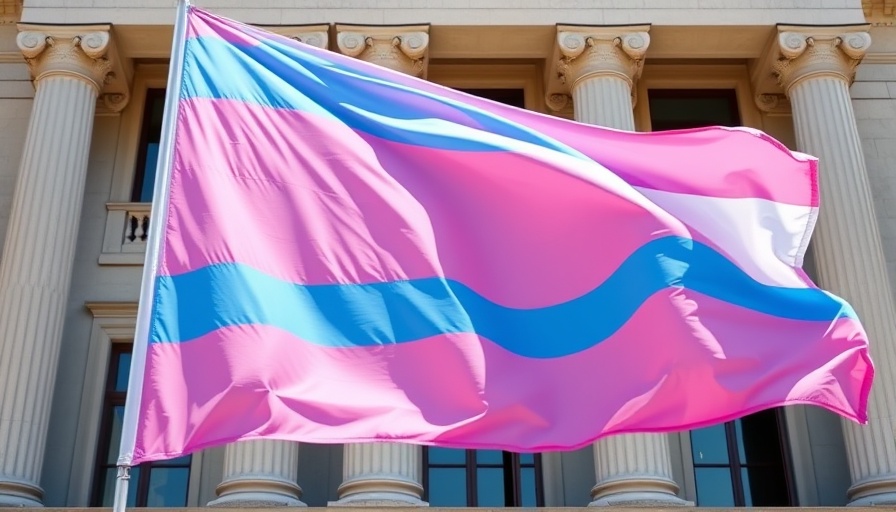 Transgender pride flag in front of a neoclassical building, symbolizing gender dysphoria treatment.