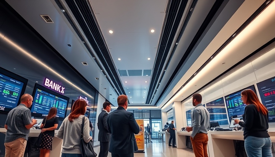 Modern bank interior discussing financial services, FREEDOM Checking Account promotion.