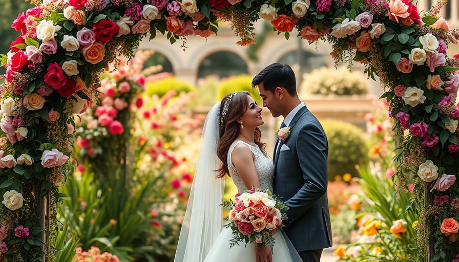 Wedding Wonderland in Dallas: Bride and groom under a floral arch.