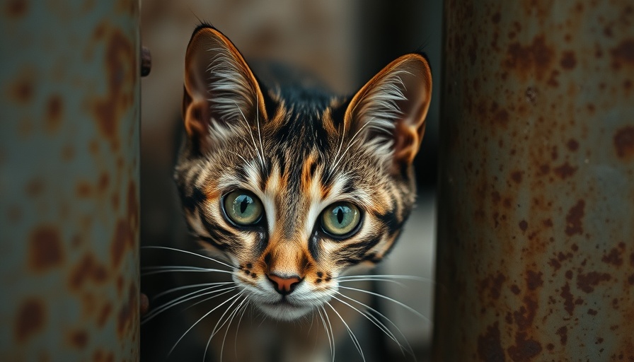Curious cat peeks from rusty metal; cats in America.