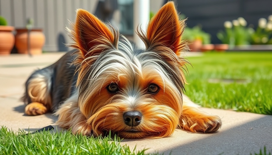 Adorable Yorkshire Terrier resting in the sun during lost dog reunion.