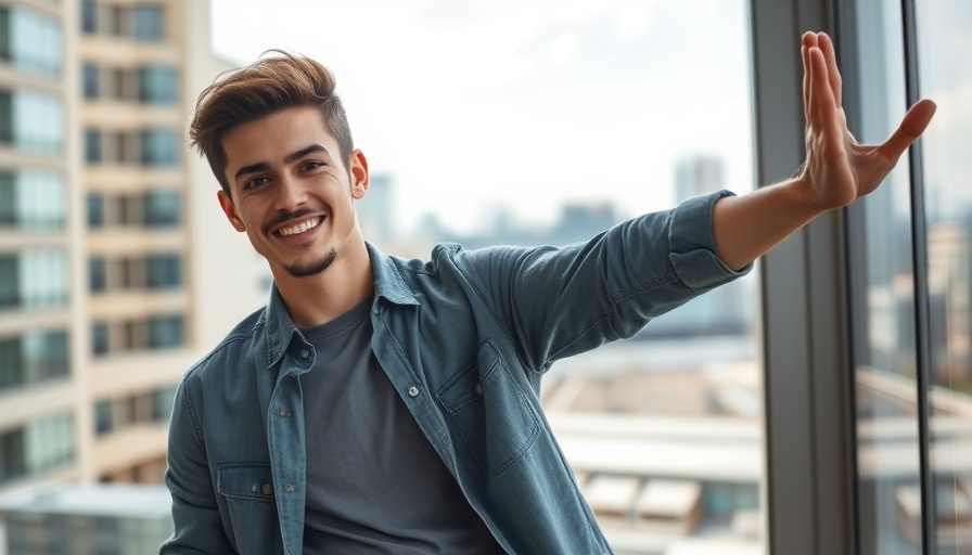 Casually dressed man smiling outdoors and indoors, urban setting.