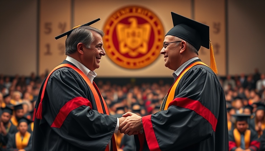 Academic gathering with handshake at graduation, college athlete payments discussion.